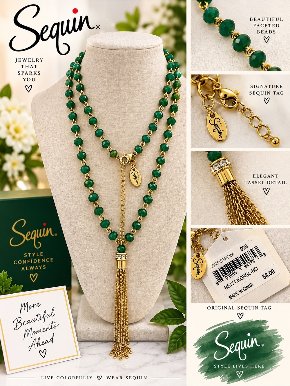 Nordstrom Sequin Gold-Tone Layered Necklace with Green Faceted Beads and Tassel